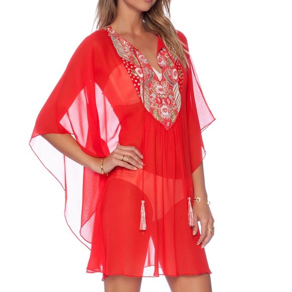 Embroidered Caftan Pia Pauro Size: S Color: Red - Picture 2 of 4